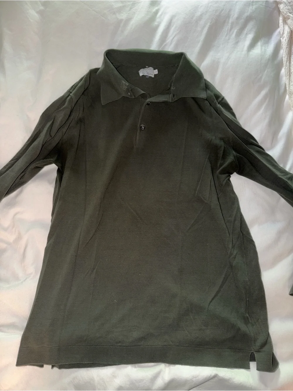 P.J. Johnson Fine Knitwear polo, size Small, in an olive/army green.
